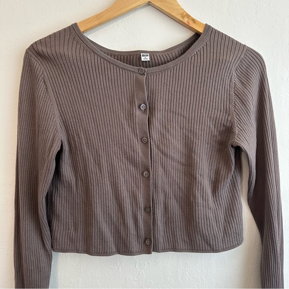 Uniqlo Women's Ribbed Button Cropped Cardigan - Brown 100% Cotton